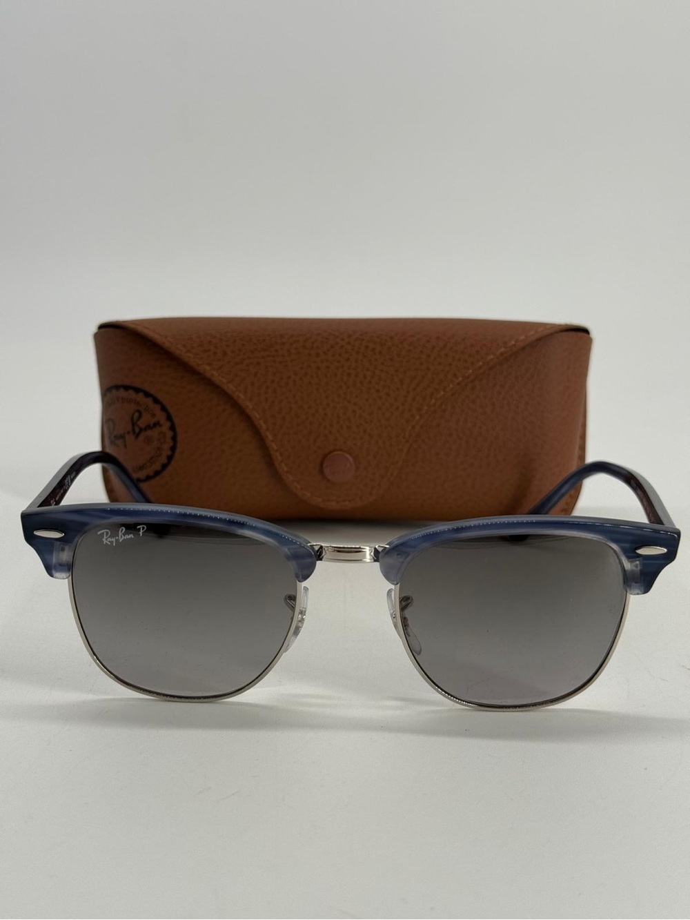 Ray Ban RB 3016 Clubmaster 1434/M3 Blue Striped Gray Glass Polarized Sunglasses